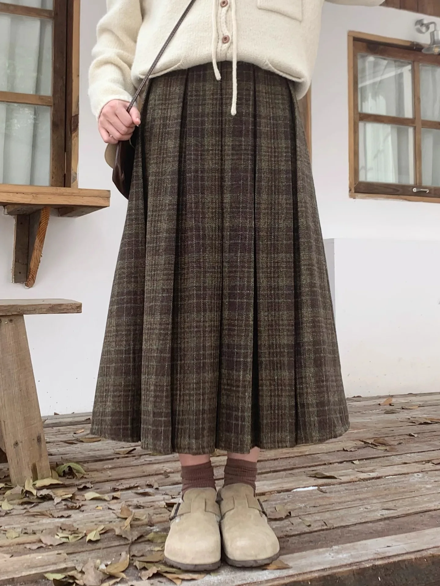 

Осенне-зимняя коричневая шерстяная плиссированная юбка в клетку, длинная женская юбка с высокой талией из смесового хлопка, повседневная юбка в клетку гингем