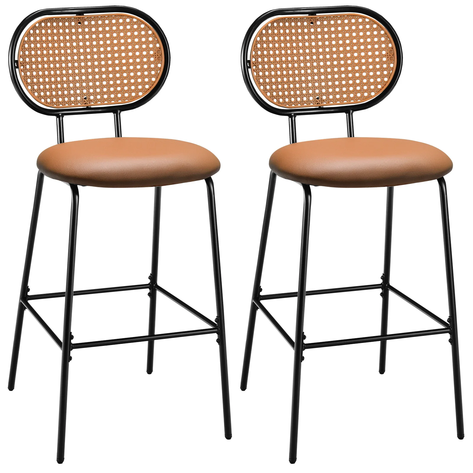 Set of 2 Bar Stool, Imitated Rattan Backrest Bar chair, Kitchen chairs Height 75 cm with Metal Racks and Footrest