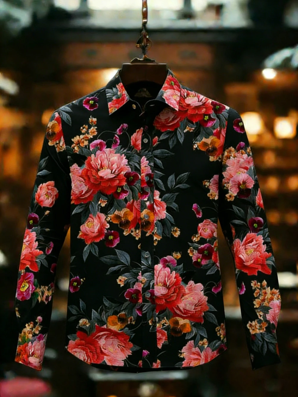 Men Black Vibrant Peony Floral Print Long Sleeve Shirt Turn Down Collar Fashion Holiday Party Casual Tops