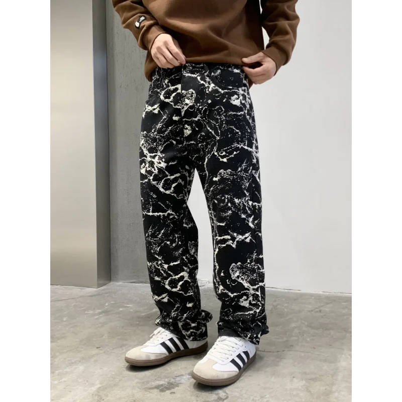 

High-end designer jacquard full print black American jeans men loose straight tide brand versatile denim pants men