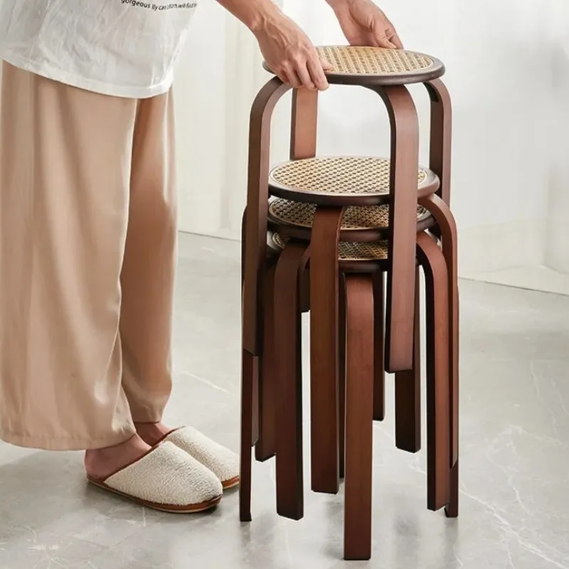 Woven Rattan Round Stool Stackable, Modern Minimalist Dining Bedroom Makeup Vanity Stool for Home Storage & Extra Seating