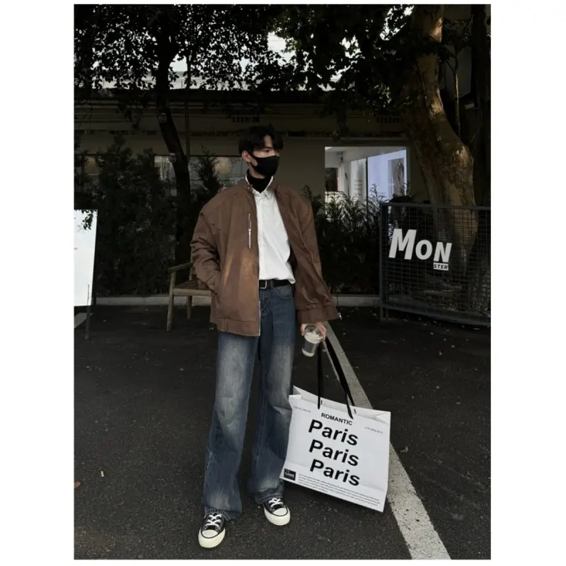 

Brown Leather Biker Jaet Men's ort Stand Collar Pilot Coat Advanced Sensation Harlington Pilot Jaet Stand Fit Polyester