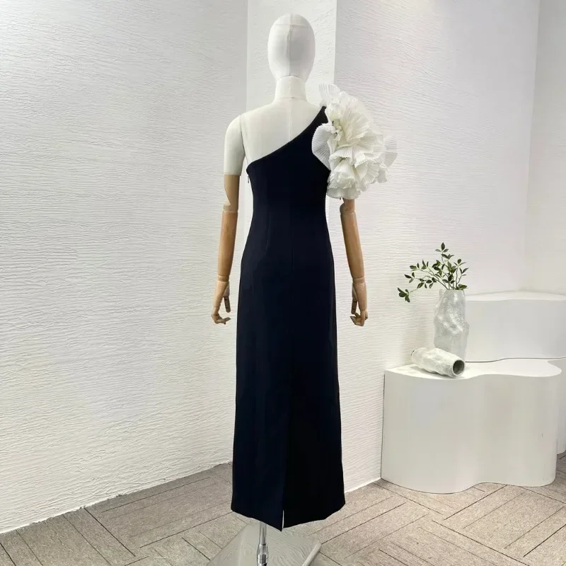 Women\'s Midi Dress Lace Flowers Blue Black Appliqued Sloping Shoulders Sleeveless For Party New High Quality