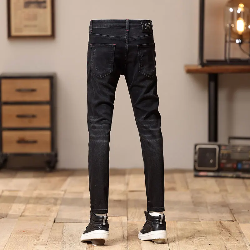 Street Fashion Men's Black Jeans Elastic Tight Retro Split Jeans Men's Patch Designer Hip Hop Jeans Pencil Pants Hombre