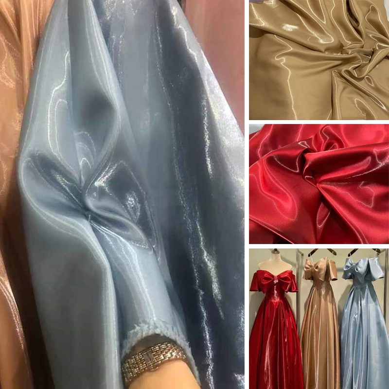 Luxury Glossy Liquid Satin Dusty Blue Metallic Fabric Solid Color Crystal Silk Satin Wedding Gift Clothing Designer Fabrics