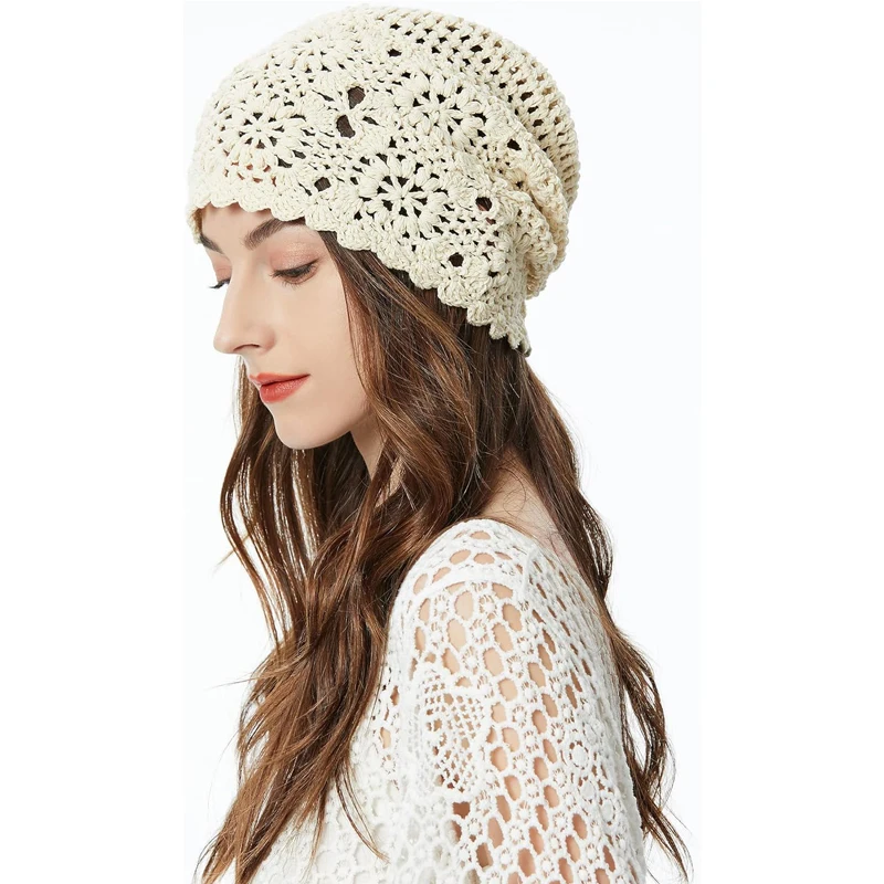 Popular Beautiful Women Summer Cotton Crochet Slouchy Beanie Hat Handmade Knit Cutout Summer Floral Skull Cap