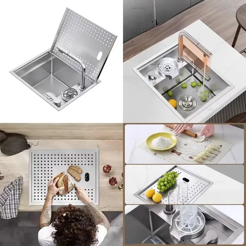 Mini Single Bowl Square Stainless Steel Kitchen Faucet with Hidden Pull Out Sprayer Counter Top Single Hole Installation