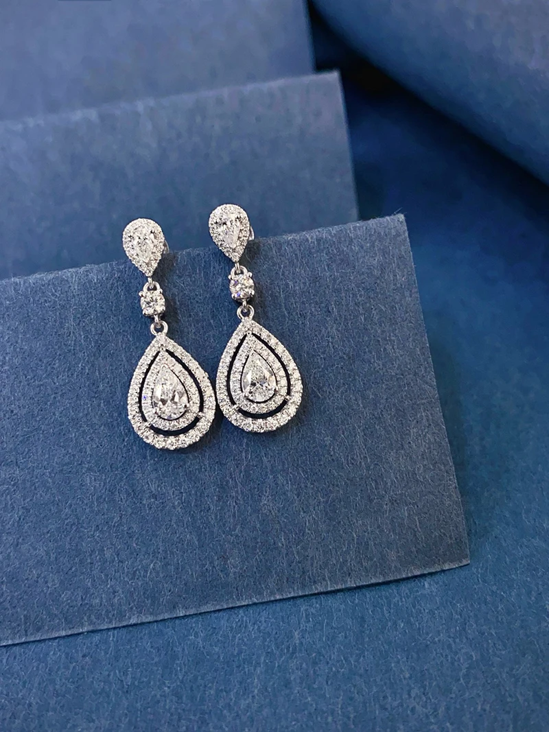 KUGG 100% 18K White Gold Earrings Luxury Water Drop Shape Real Natural Diamond Drop Earrings for Women High Party Jewelry
