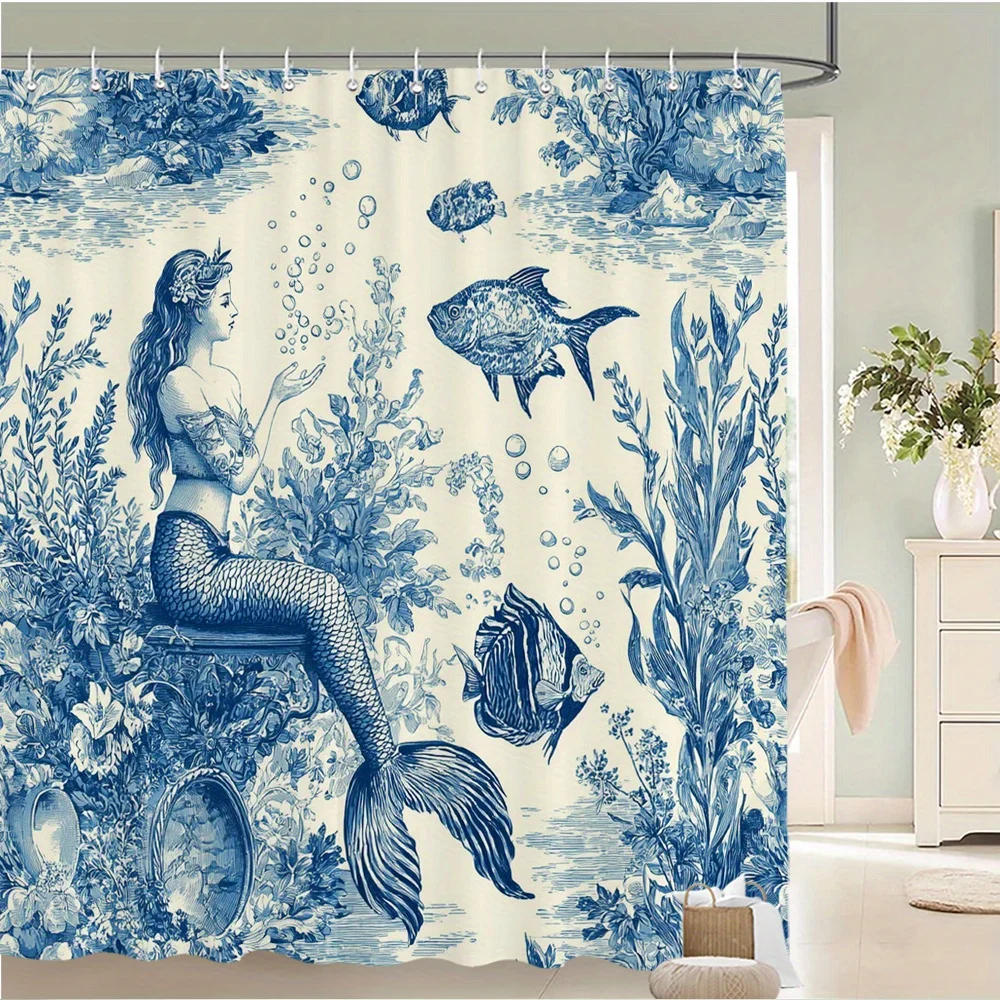 

japanese ukiyo e mermaid shower curtain blue white underwater scene floral crown machine washable polyester bathroom decor