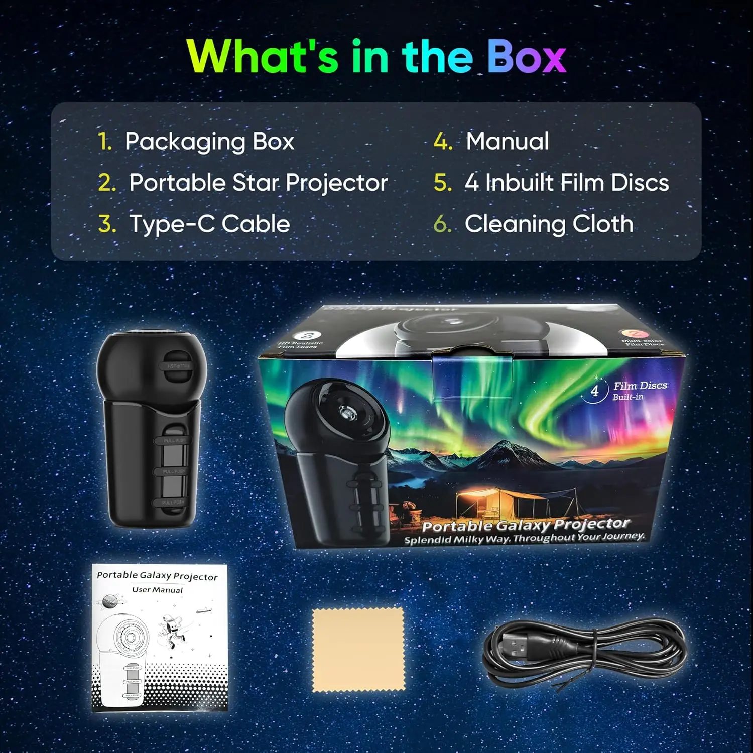 휴대용 4 in 1 USB 충전식 별이 빛나는 은하계 프로젝터 무드등, 아이들 침실 자동차 캠핑 장식용 로맨틱 무드등