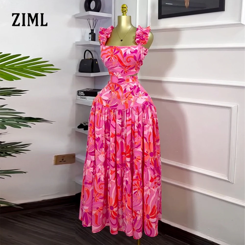 

ZIML Hit Цветной принт Комплекты из двух предметов для женщин Топы без рукавов с квадратным воротником Высокая талия Сращенные складки Длинные юбки Шикарный женский комплект