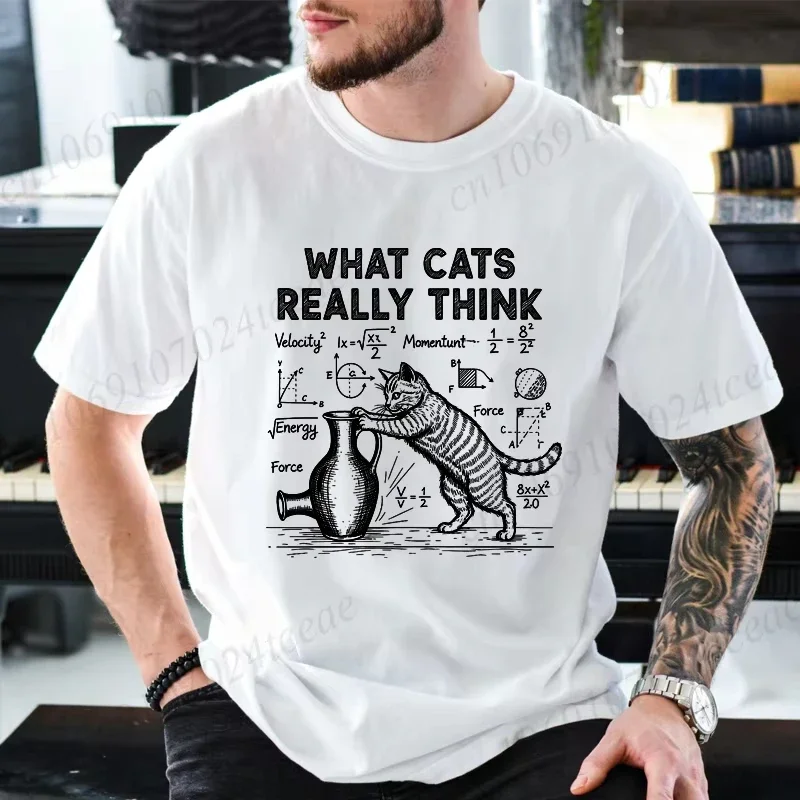 Men's and women's 100% pure cotton T-shirt with scientific cat print, loose and breathable summer sports T-shirt, street style
