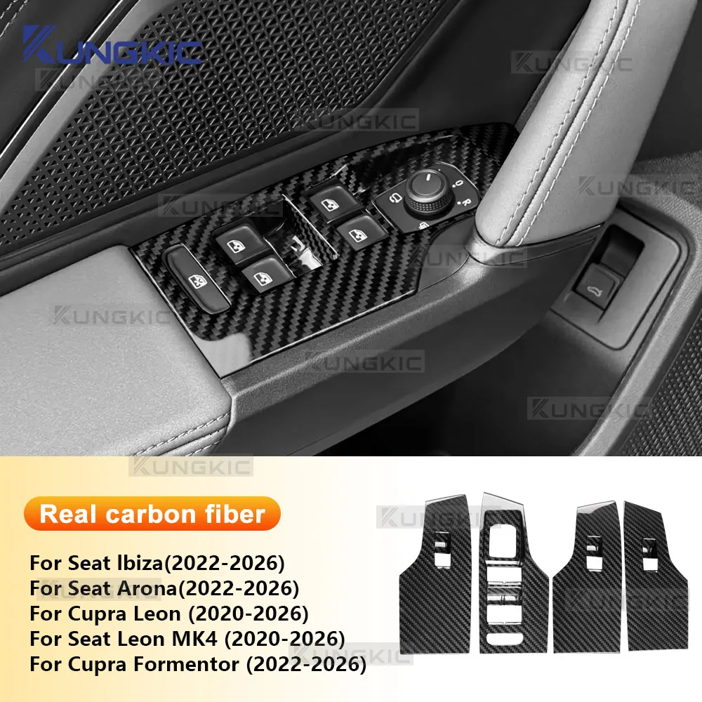 Real Dry Hard Carbon Fiber For SEAT CUPRA Leon 2021 2022 2023 2024 2025 2026 Car Window Switch Panel Frame Trim LHD Accessories