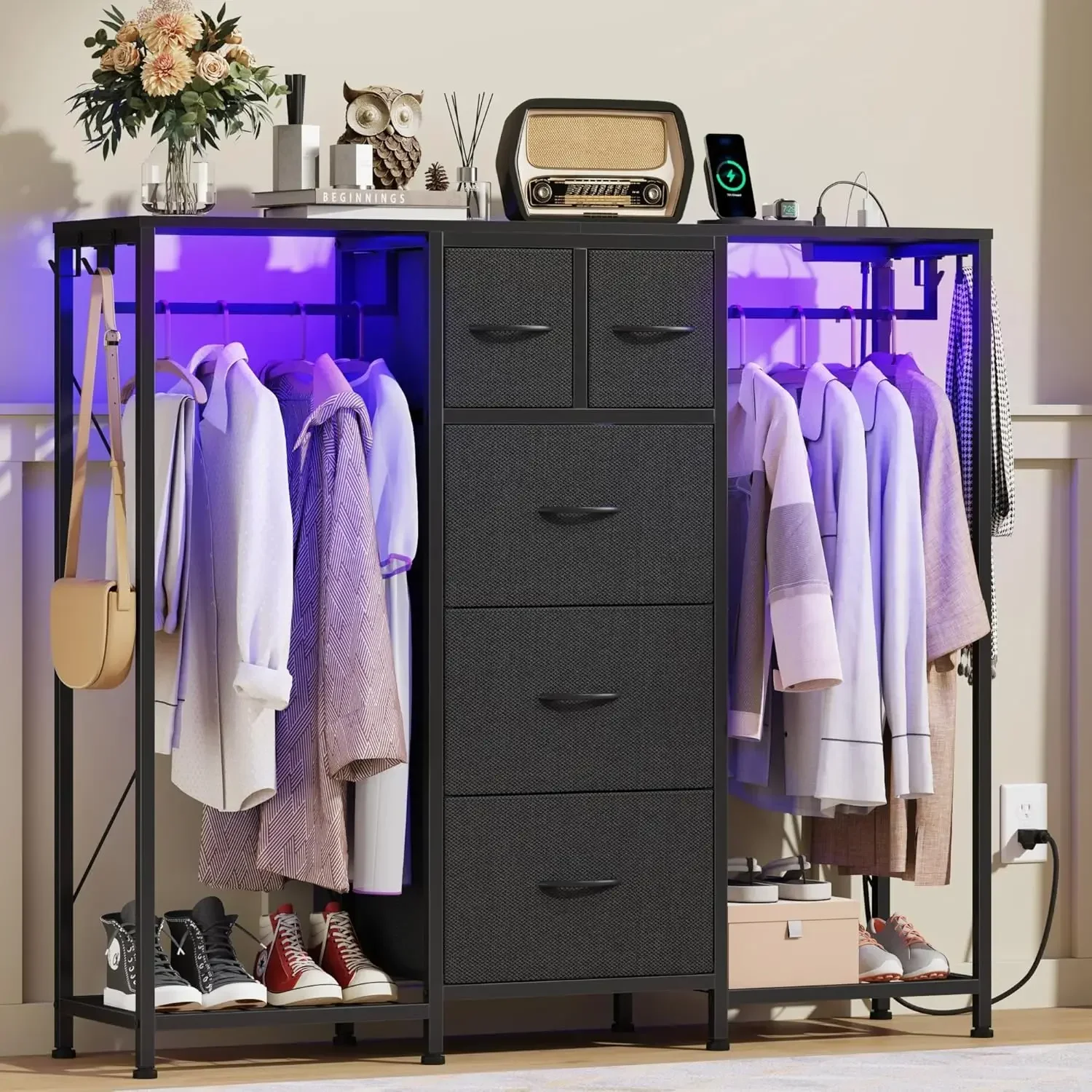 

[Limited Stock!][New Arrival!]49.2”W Dresser with 2 Hanging Racks, 5 Drawers Dresser with LED Lights & Charging Station, Dresser