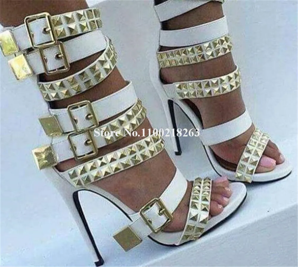 

Western Fashion Gold Buckles Rivets Gladiator Sandals White Black Studs Stiletto Heel Straps Cross Dress Heels Party Pumps