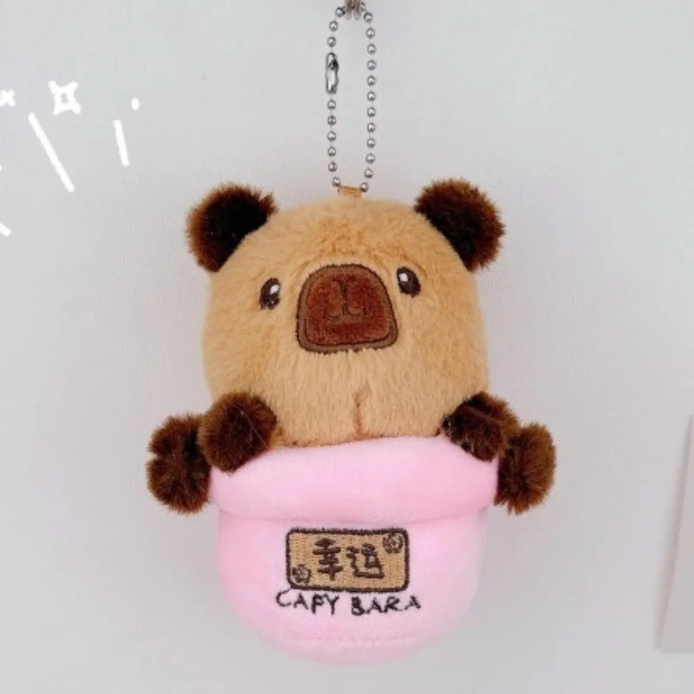 Lovely Fluffy Flowerpot Capybara Keychain Pink Lucky Plush Stuffed Doll Pendant Soft Brown Animal Key Ring Car Key