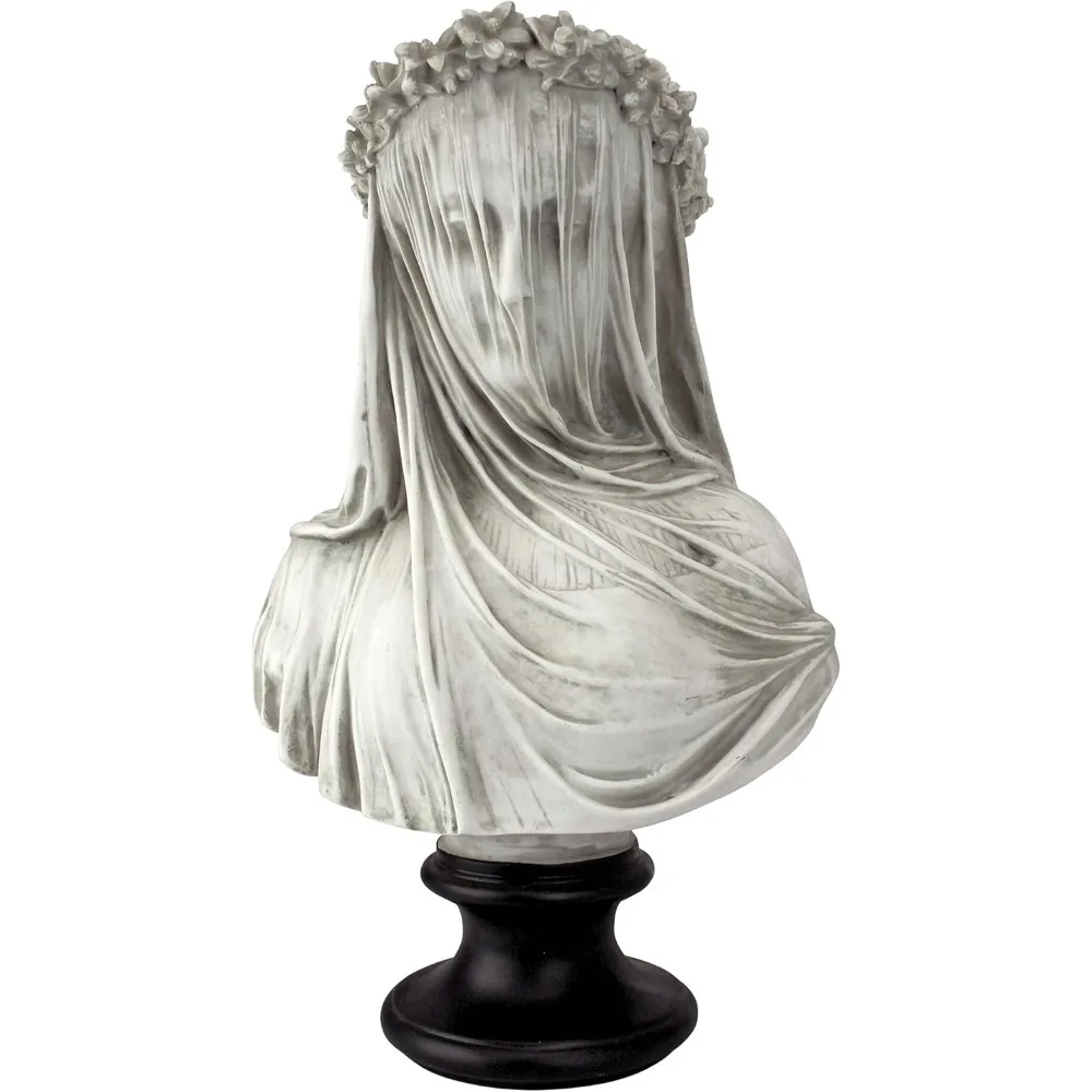 Indoor Half Body Statue of a Veiled Girl, High Hand Cast Resin, Antique White Finish, Black Painted Base, 14 in