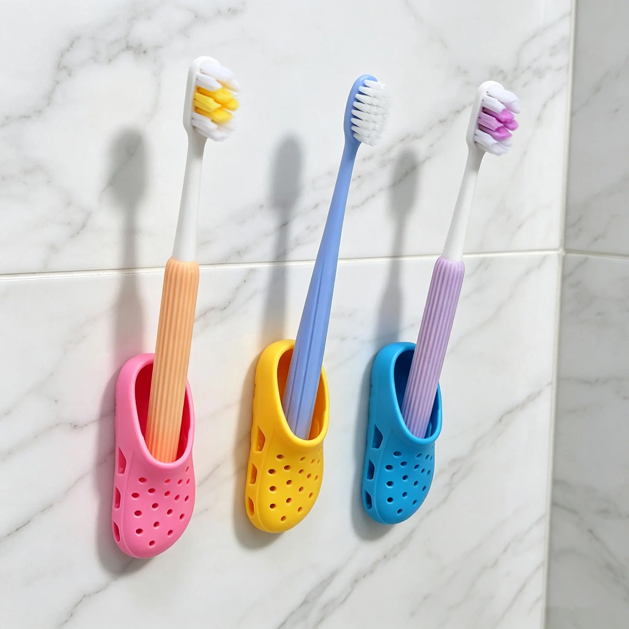 Cute Slipper Shape Toothbrush Holder, Self-Adhesive Wall Mount Toothbrush Rack, Drill-Free Bathroom Organizer
