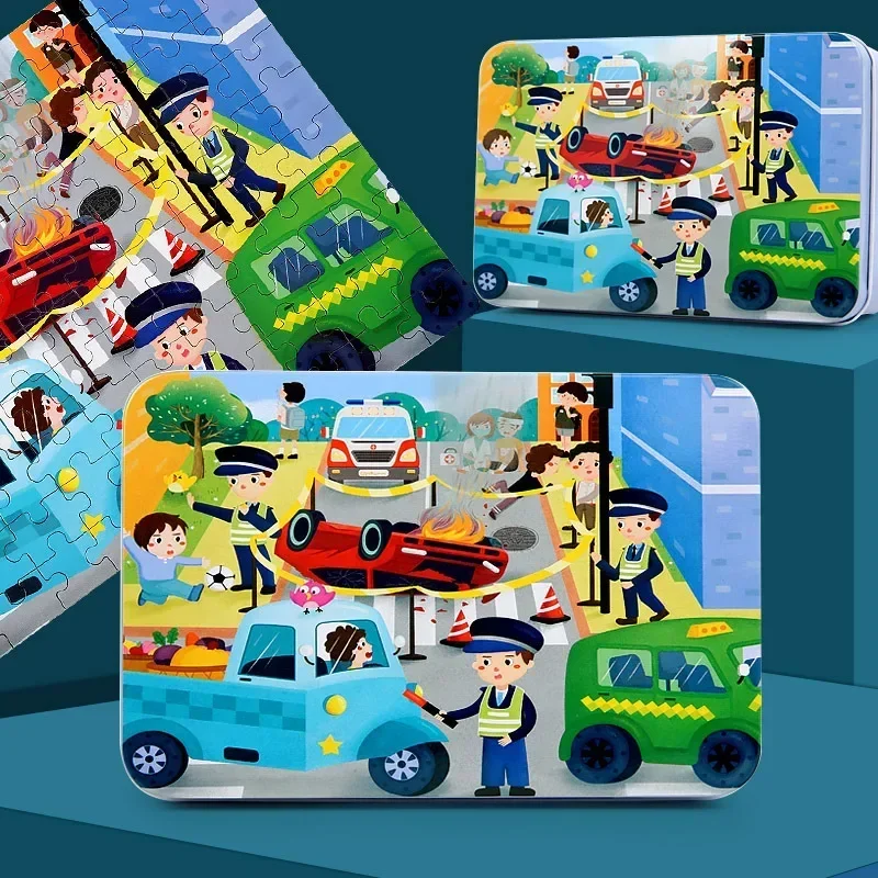 Kinderen Creatieve Houten Puzzel Ijzeren Doos Kleuterschool Baby Vroeg Onderwijs Cartoon Dierenverkeer Puzzel Cognitief Interactief Spel