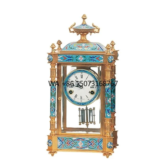 Solid Brass Vintage  Antique Gilt 19th  French Style 15 Days Mechanical Movement  Floral Blue Cloisonne Enamel Table/Desk Clock