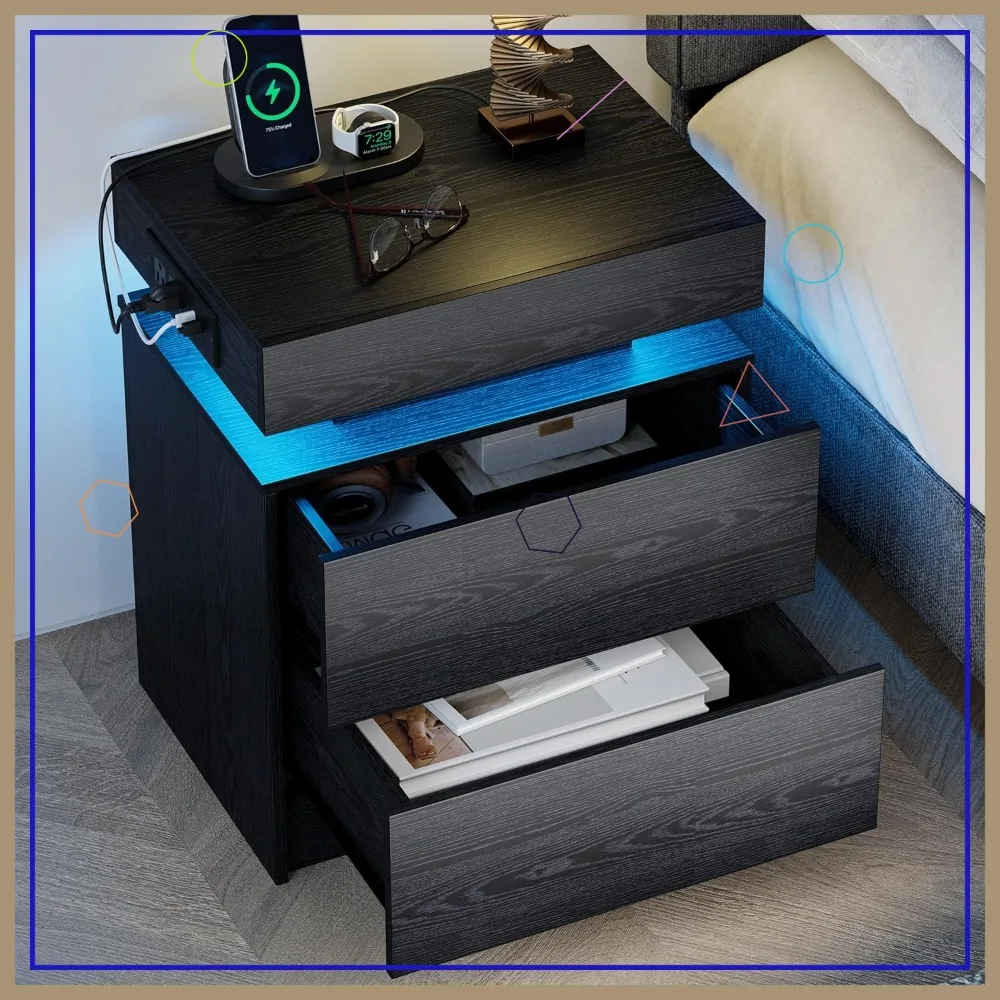 

Modern Nightstand with Charging Station, LED Light & Drawers - Bedside Table for Small Bedrooms