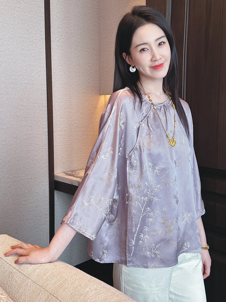 

Loose Fit Silk Long Sve round Ne Top Women's Spring Summer Chinese Sle Traditional Clothing Xubetin New Retro Design