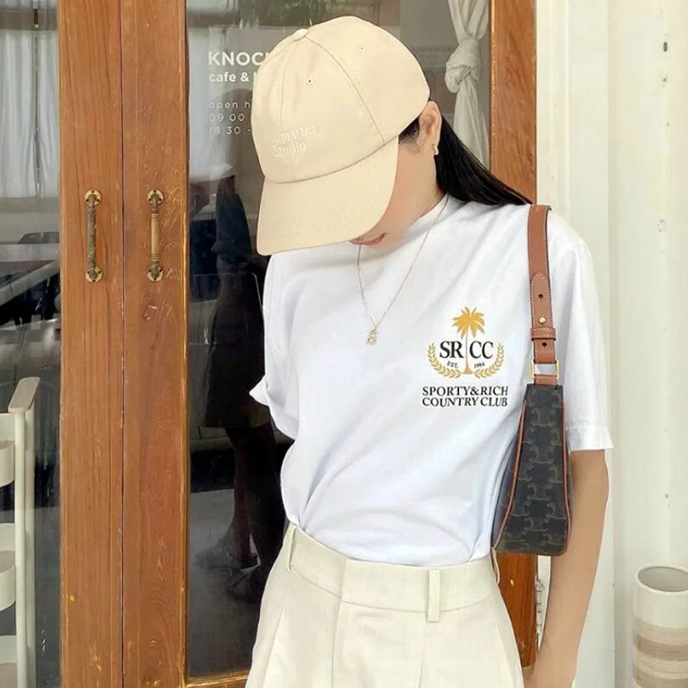 American Vintage Style Country Club Pocket Printing White T Shirts Women Summer Short Sleeve Loose Cotton 90\'s Aesthetic Tees