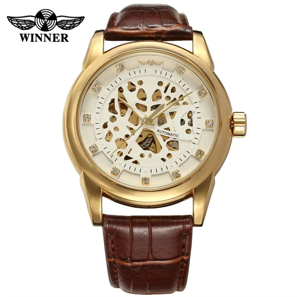 T-winner Mechanical watch Hollow out mesh pattern crystal scale Mechanical watch Round black belt wrist watch Men's Watch
