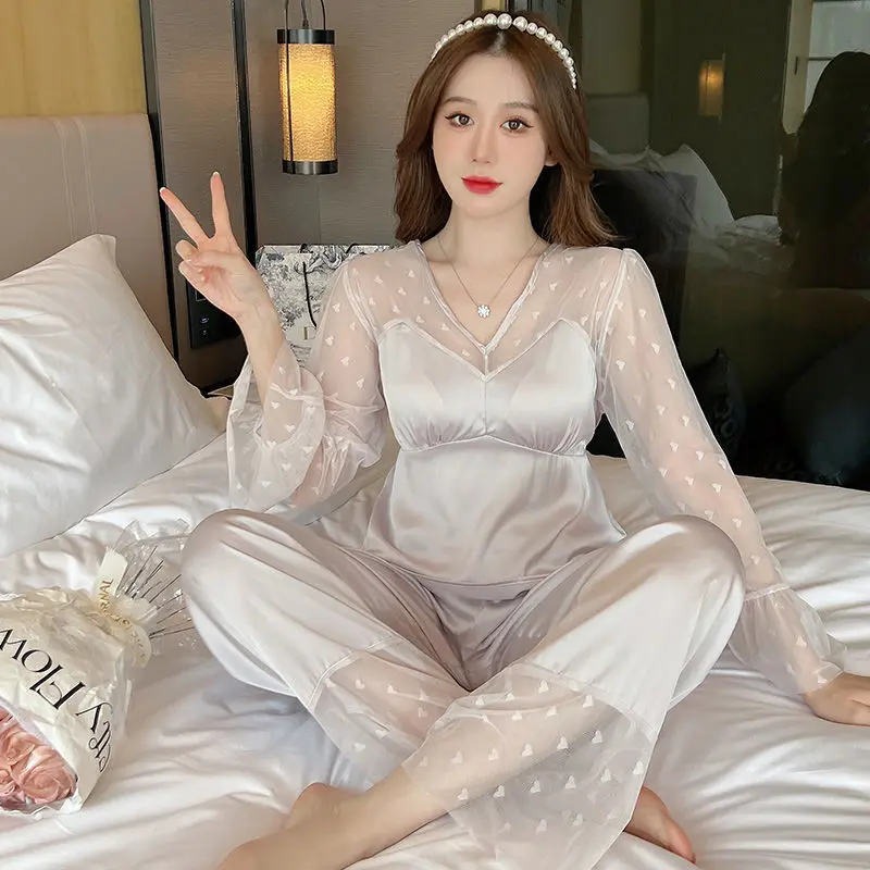 Women Spring Summer Pajama Set Female V-Neck Satin Silk Lace Hollow Sexy Home Suit Girl Heart Print Long Sleeve Pants Sleepwear