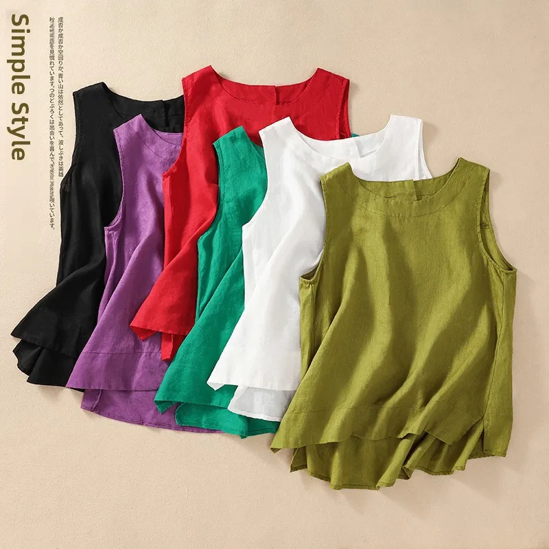 

Чистый цвет, хлопок, лен, слив, круглый Ne Ba, два пуговицы, большой размер, женский жилет, летняя внутренняя одежда, асимметричная длина