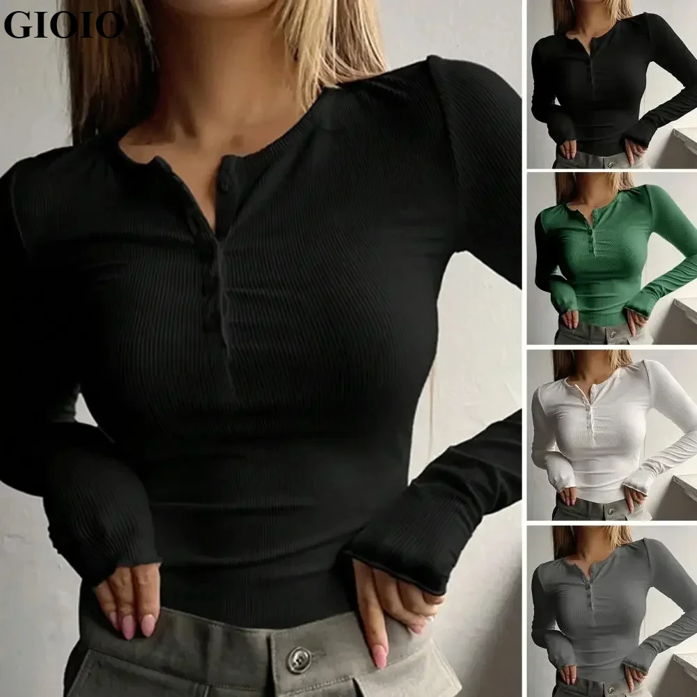 GIOIO  Women Top O Neck Button Long Sleeve Shirts Solid Color Slim Fit Pullover T-shirt Blouse Simple Style Lady Costume