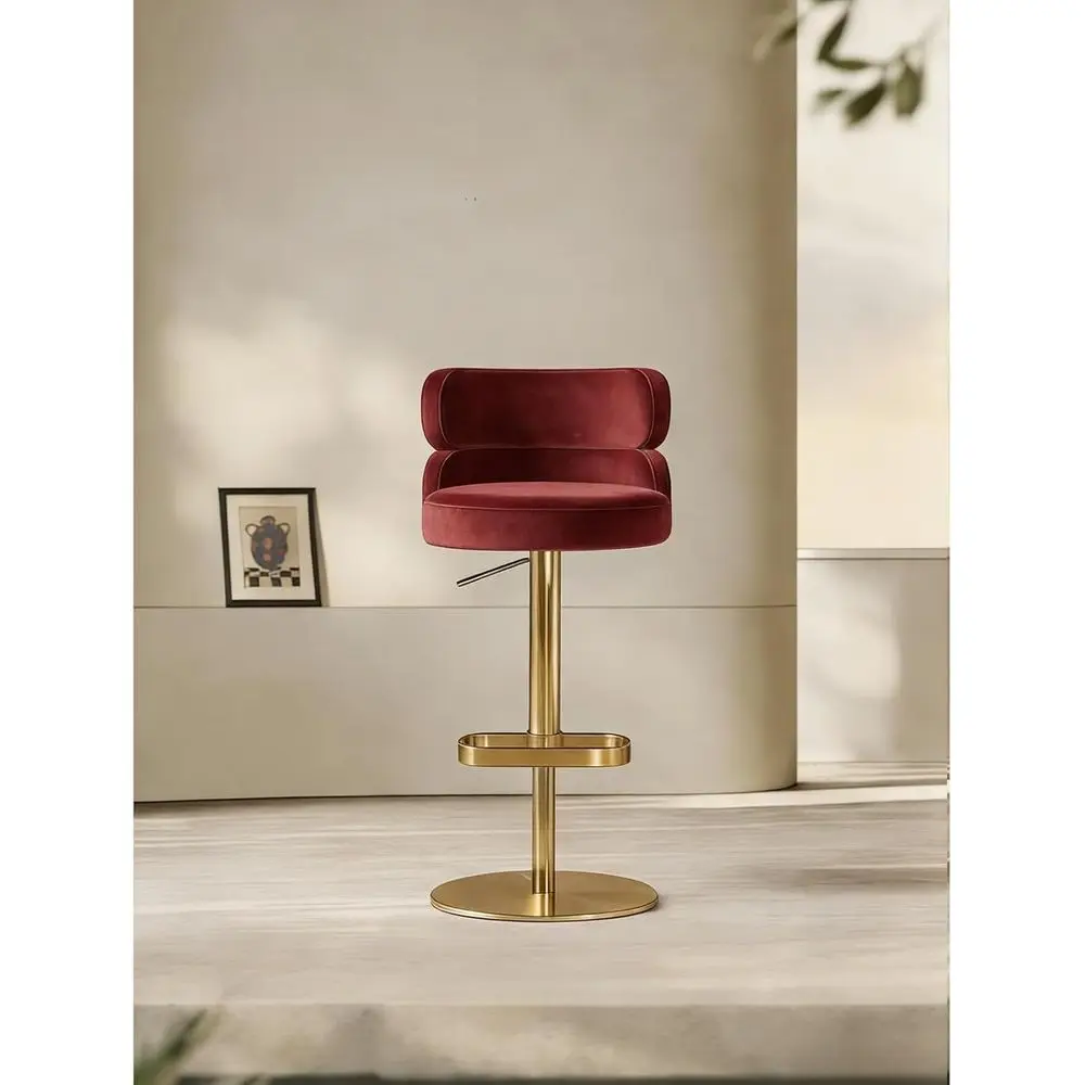 Adjustable Velvet Bar Stool with Gold Base, Red (1 Piece)