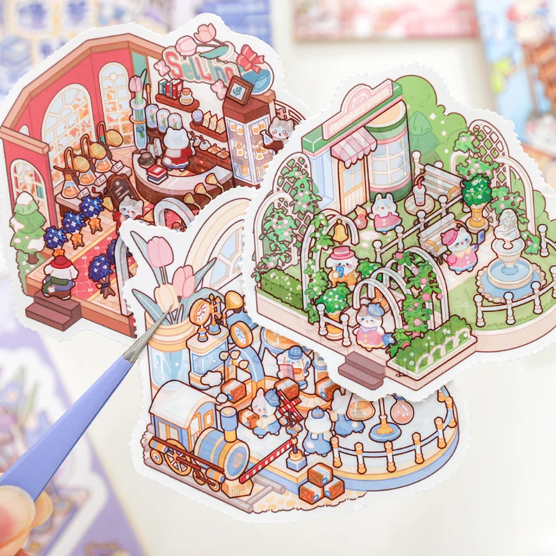 2 สไตล์ 24 ชิ้น/ถุงมีโอว มีโอว แอดเวนเจอร์ซีรีส์มิเนียเจอร์ซีนคอลเลกชันหนังสือสถานที่ตั้งแคมป์สติกเกอร์น่ารักสมุดบันทึก DIY ตกแต่ง