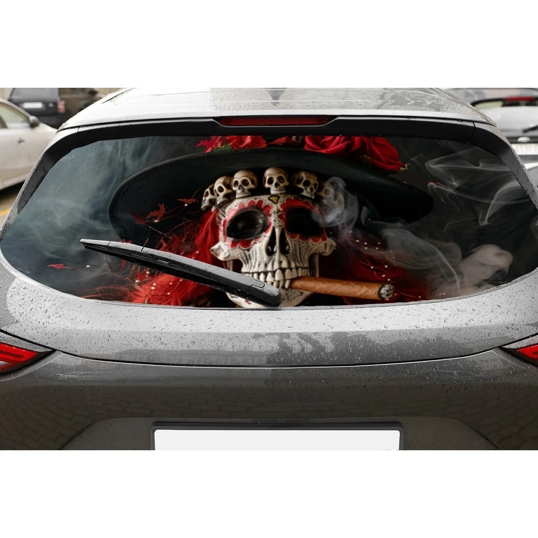

Red - Haired Gothic Skull Smoke PVC Perforated Car Vinyl Wraps, Privacy Enhancing Design for Rear Window, Car Rear Windshield St