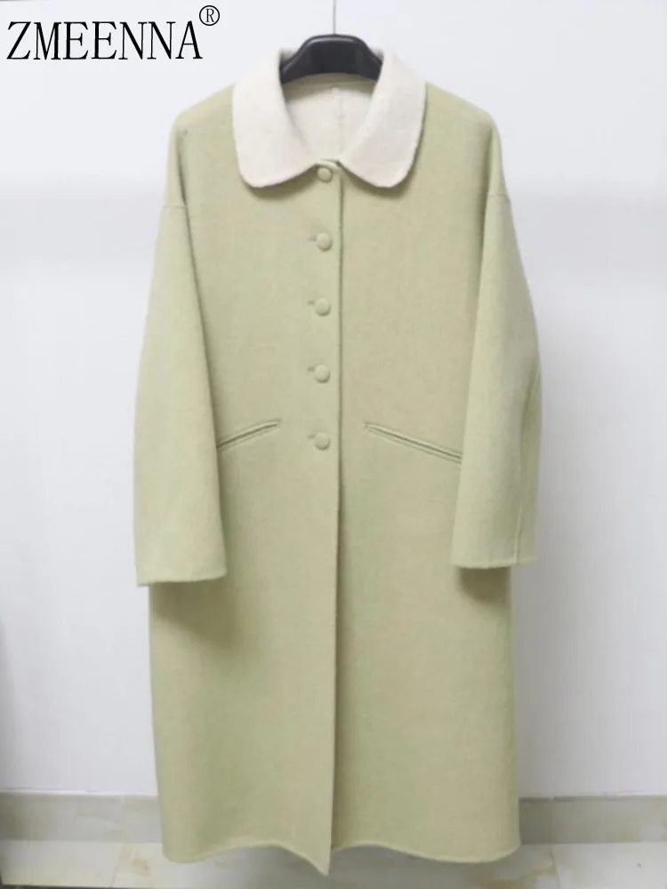 

ZMEENNA Womens Long Wool Blend Coat Single Breasted Warm Winter Outerwear Loose Fit Oversized Style Light Green ZM4372
