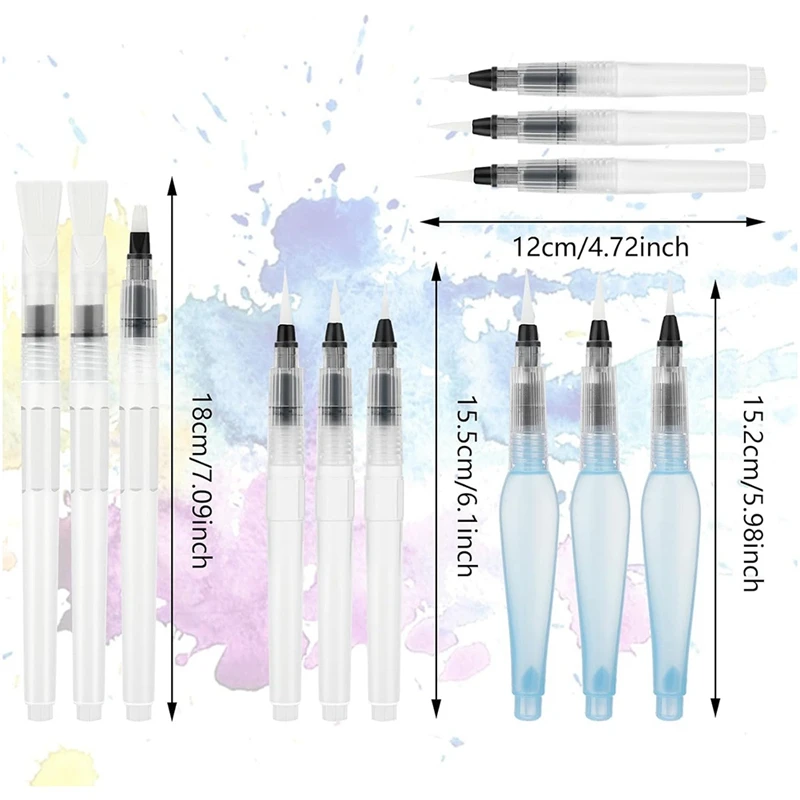 12 PCS Watercolour Brush Pens, Refillable Water Brush Pens Different Size Painting Water Brushes Pen With Assorted Tips