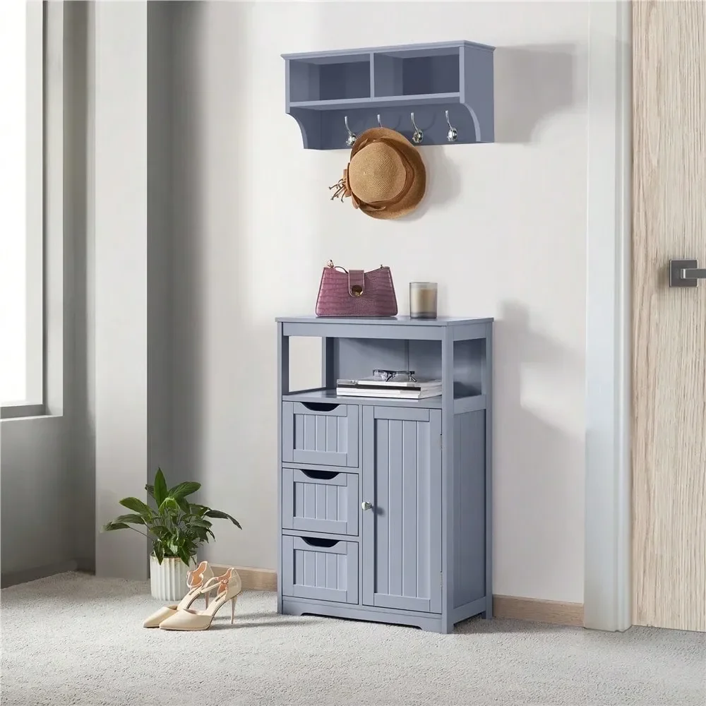 

Modern Wooden Bathroom Floor Cabinet Wiht Adjustable Shelf, Multiple Tiers Storage Cabinet With Door 3 Drawers, For Kitchen, Li