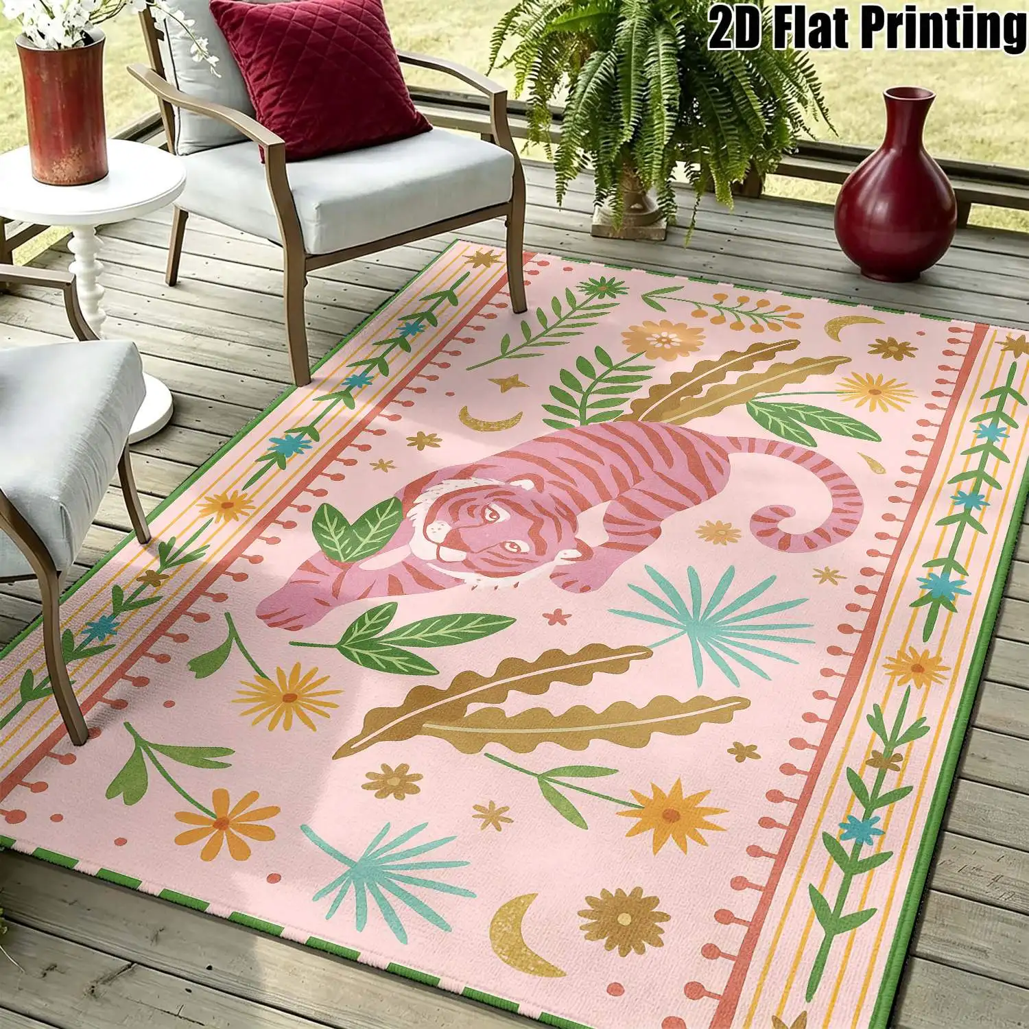 1Pc 2D Printed Pink Tiger Floral Carpet: Nordic/Instagram/Bohemian/European Modern Minimalist Home Decor Floor Mat, Multi-Size, Machine Washable, for Entrance, Dining, Foyer, Bedroom, Living Room