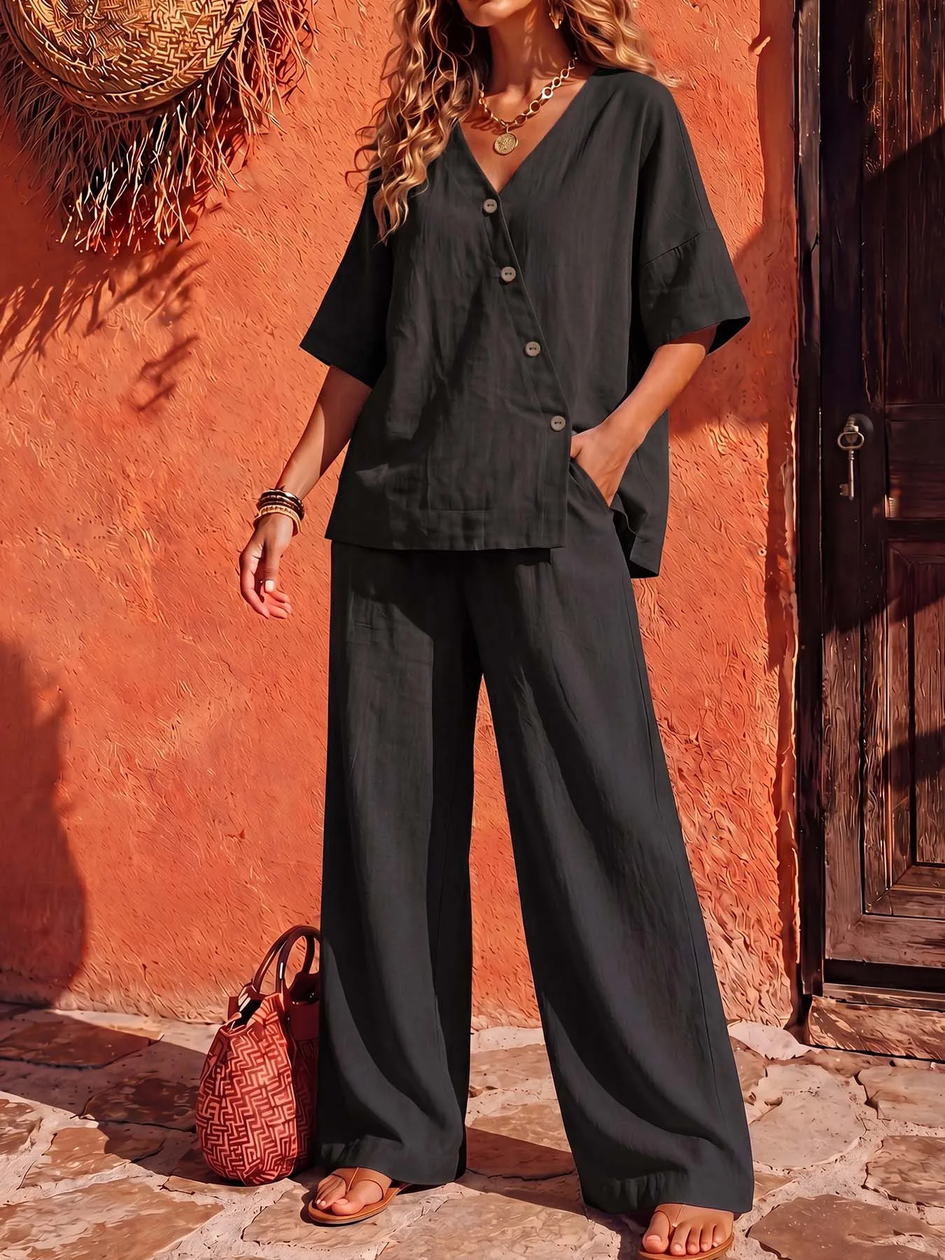 Asymmetrisches Oberteil aus 100 % Baumwolle für Damen mit Holzknöpfen und weit geschnittene Hose mit elastischem Bund und fließendem Schnitt – Lässiges Pendler-Set – Detail 20