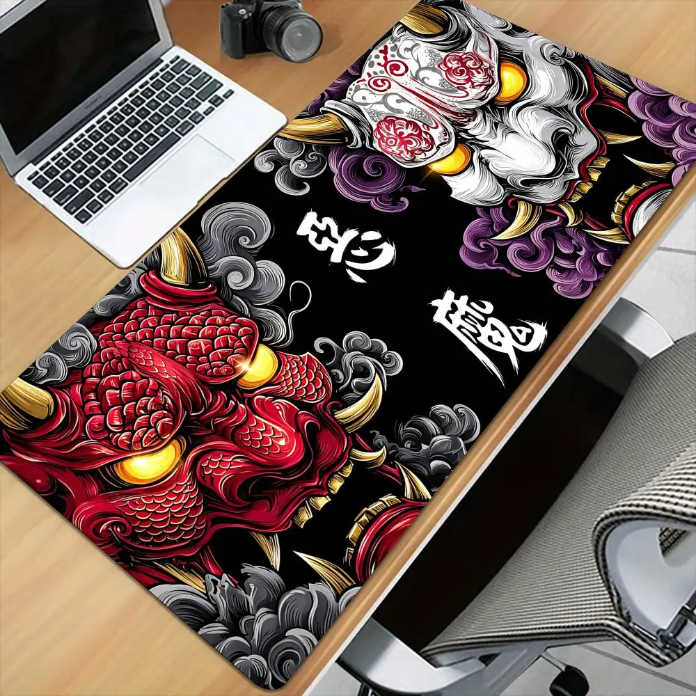 Red and White Demon Mask Mouse Pad Desk Mat with Stitched Edge XXL Mousepads Rubber Anti-slip Gamer Keyboard Rug Gaming Mats