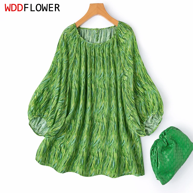 100% Mulberry Silk Crepe Silk Women Short Sleeve Blouse Loose Type Green Printed Baby Doll Casual Top Shirt Pullover M1760