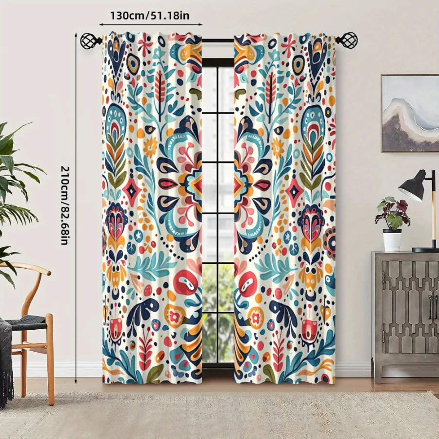 2PCS Digital Print Sheer Curtain, Bohemian Luxurious Flowers, Aesthetic Room Decor Sheer Curtain for Apartment Dorm Bedroom
