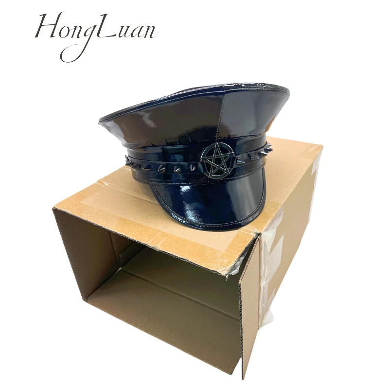 HongLuan Laser lederen kapiteinshoed Strass en militaire petten voor dames, Rave Festivals Accessoires & Feestpet Man Cosplay Fem