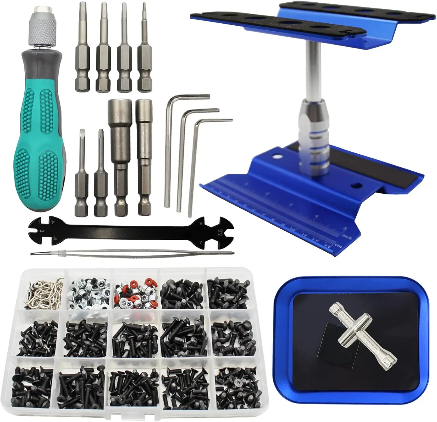 

RC Car Repair Stand with 360° Rotation & 523-Piece Screw Kit for 1/8-1/18 Scale Vehicles