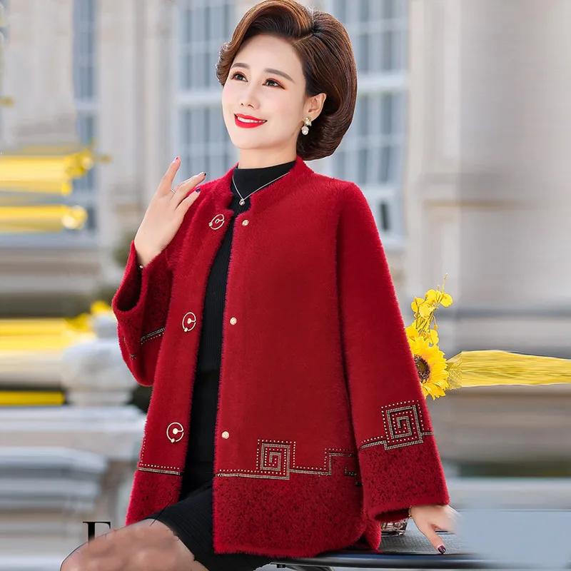New Middle-aged Elderly Women Imitation Mink Velvet Sweater Jacket Spring Fall Women Knitted Cardigan Large Size Mother Clothes