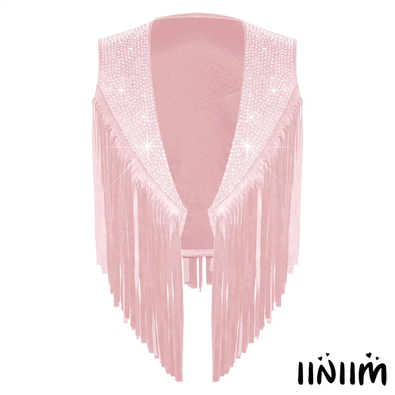 

Kids Girl Western Cowgirl Costume Cowboy Tassels Fringe Vest Sparkly Rhinestones Sleeveless Open Front Waistcoat Circus Clothing