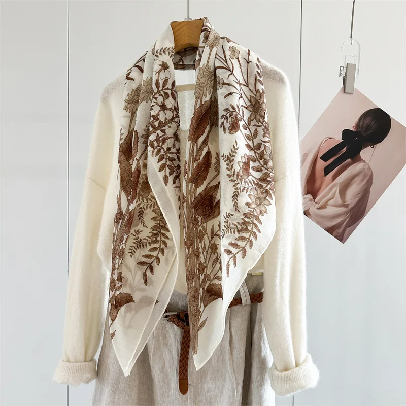 Women 100% Wool Square Scarf 95x95cm Paisley Floral Print Large Shawl Wrap Soft Lightweight Neck Shoulder Cover Vintage Fashion