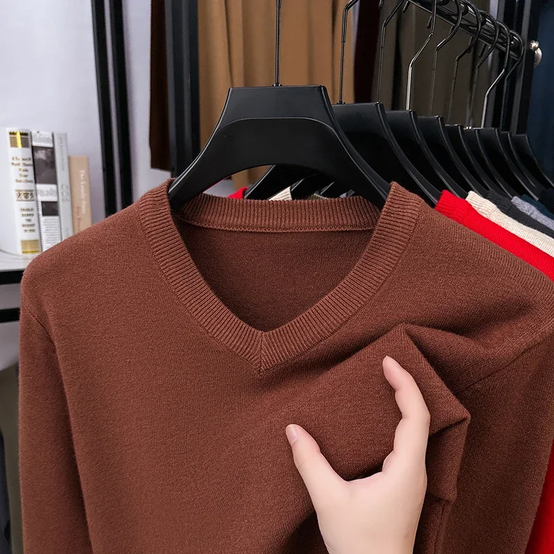 Men V Neck Fine Knit Sweater Long Sleeve Ribbed Neck Cuff Hem Soft Elastic Knitted Pullover Autumn Business Layering Top