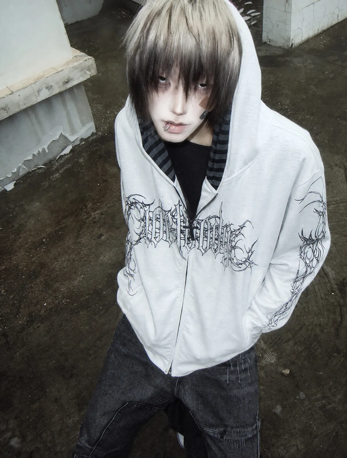 Y2K Gothic Zip Up Hoodie White Thorn Letter Graphic Hooded Jacket Striped Inner Lining Dark Streetwear Unisex Coat