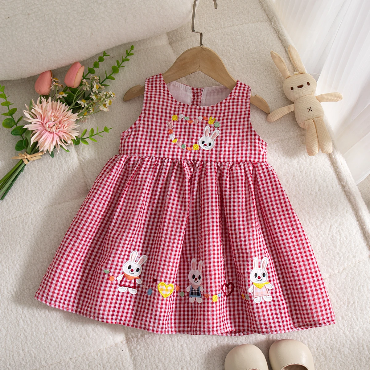 

Summer New Baby Girl Plaid Dress Cute Rabbit Children'S Sleeveless Clothes (9 Months -4 Years Old)